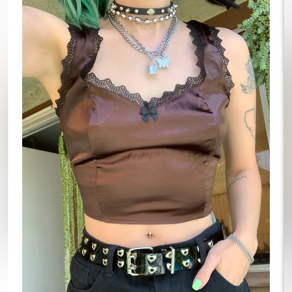 Tunnel vision brown satin lingerie crop top!